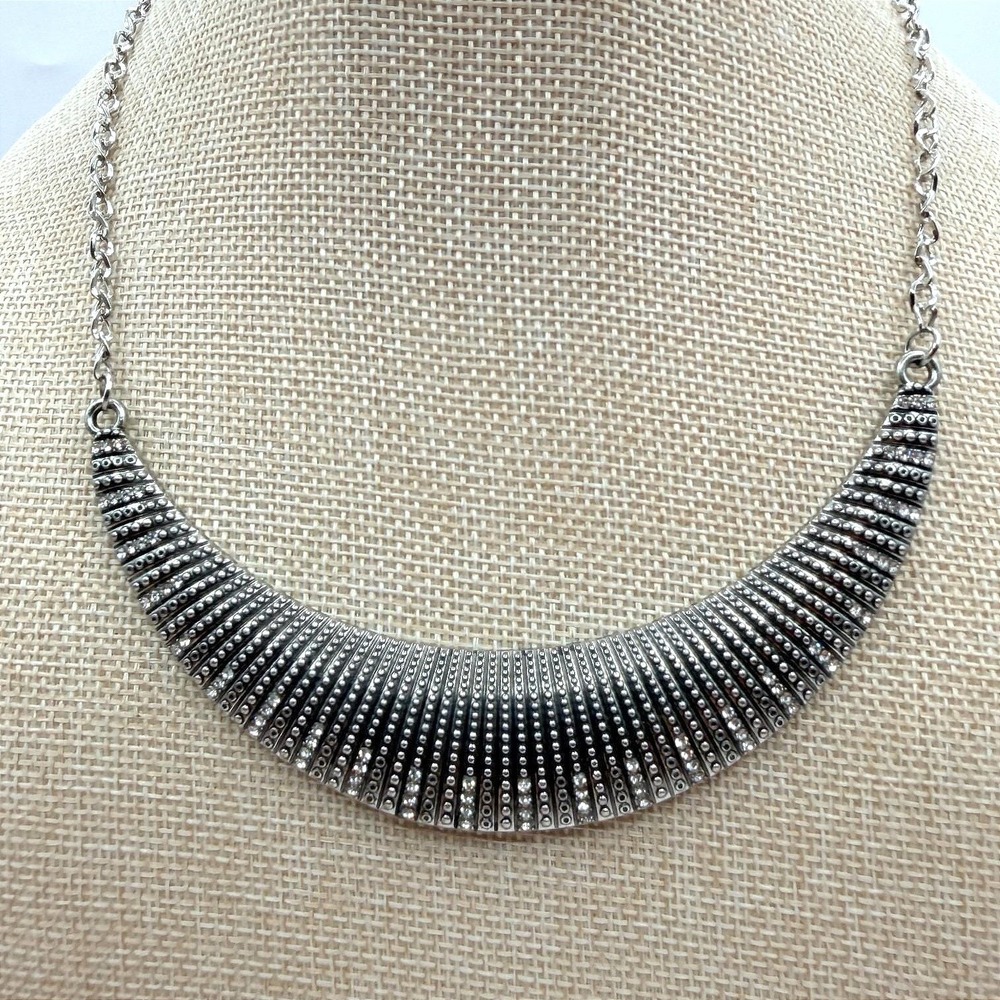 Vintage 90s‎ Silver Tone Rhinestone Bib Necklace Statement Women's Jewelry Retro